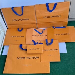 Louis Vuitton Orange Shopping Bags with Blue Ribbon Handles - Assorted Sizes